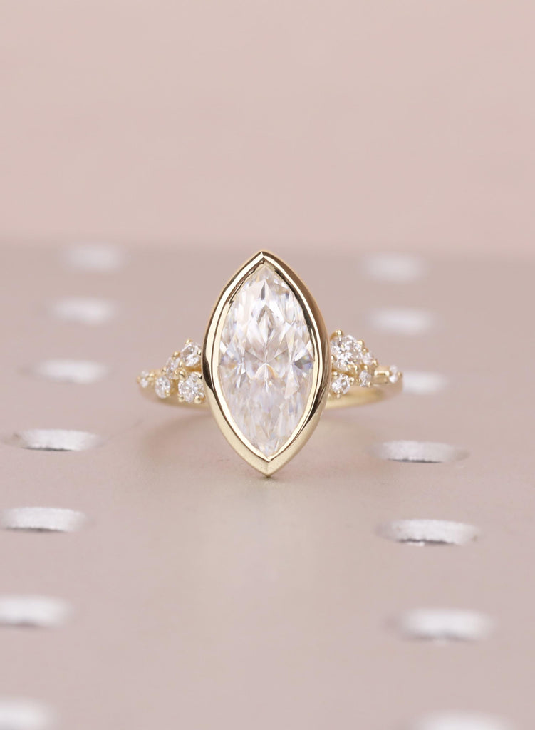 Marquise VVS Moissanite Engagement Ring for Her, Solid Gold 14K Yellow, Unique Bezel set Wedding Ring, Unique Diamond Snowdrift Cluster Ring image #2