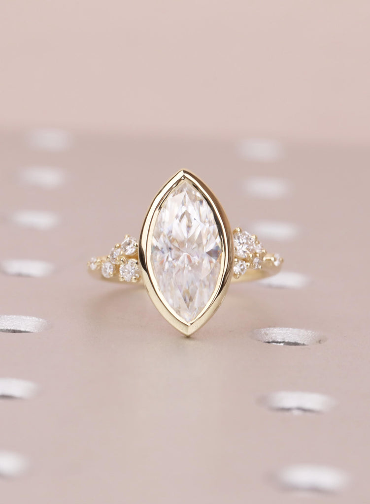 Marquise VVS Moissanite Engagement Ring for Her, Solid Gold 14K Yellow, Unique Bezel set Wedding Ring, Unique Diamond Snowdrift Cluster Ring