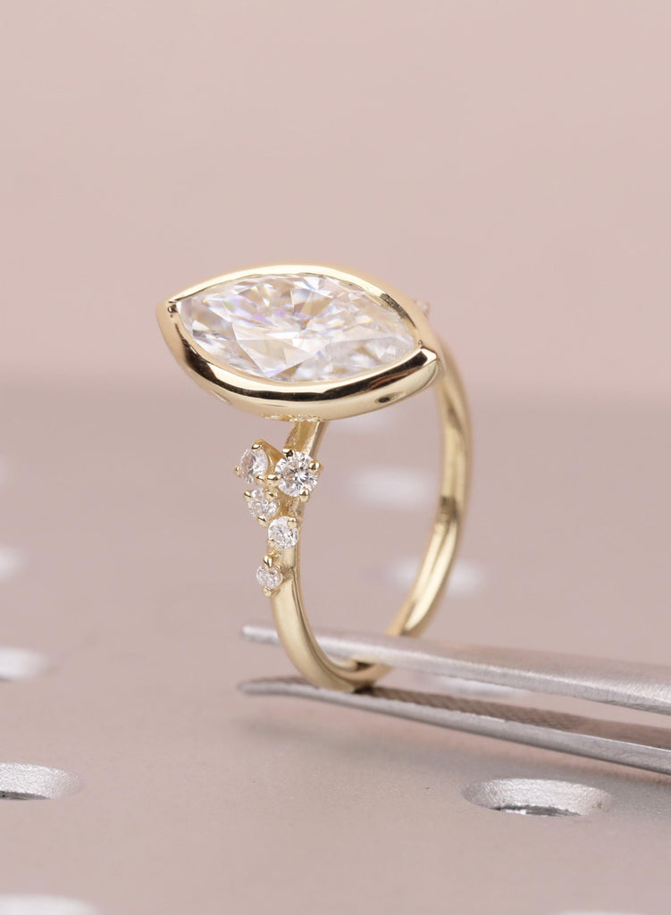 Marquise VVS Moissanite Engagement Ring for Her, Solid Gold 14K Yellow, Unique Bezel set Wedding Ring, Unique Diamond Snowdrift Cluster Ring image #7