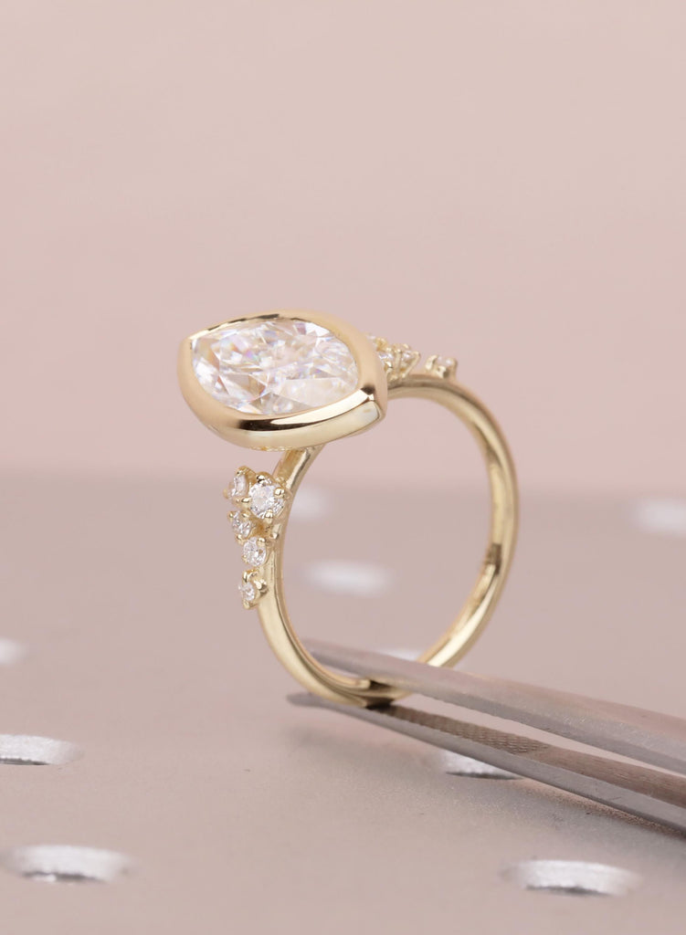 Marquise VVS Moissanite Engagement Ring for Her, Solid Gold 14K Yellow, Unique Bezel set Wedding Ring, Unique Diamond Snowdrift Cluster Ring image #8