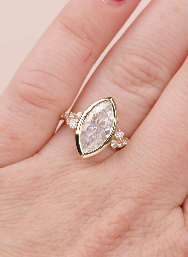 Marquise VVS Moissanite Engagement Ring for Her, Solid Gold 14K Yellow, Unique Bezel set Wedding Ring, Unique Diamond Snowdrift Cluster Ring image #13