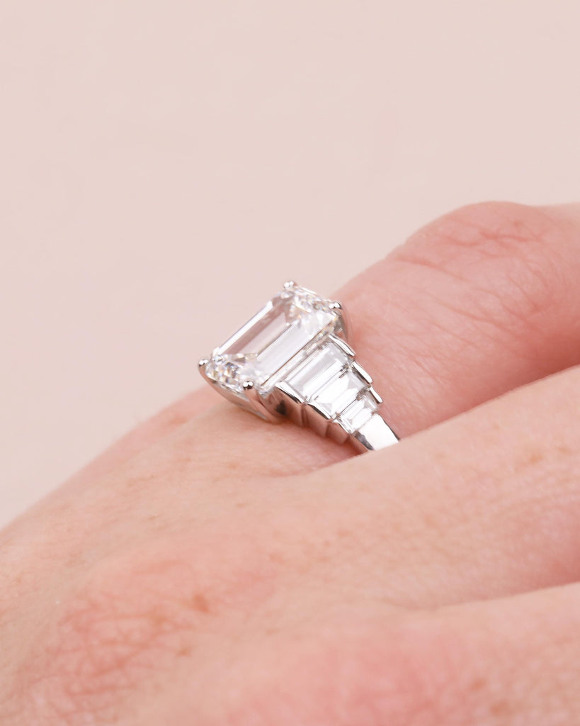 Emerald Cut Ring, 4.5-6ct Moissanite Engagement Ring, 14k White Gold Statement Ring, Diamond Cluster Baguette Ring, Hidden Cabochon Opal image #19