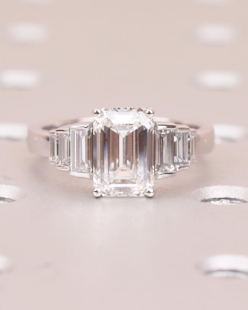 Emerald Cut Ring, 4.5-6ct Moissanite Engagement Ring, 14k White Gold Statement Ring, Diamond Cluster Baguette Ring, Hidden Cabochon Opal image #16