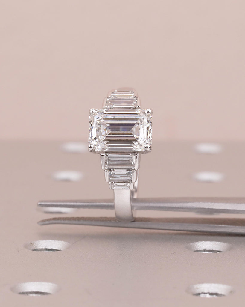 Emerald Cut Diamond Cluster Ring, 2.5-6ct Lab Grown Diamond Engagement Ring, Art Deco 14k White Gold Ring, Big Statement Rings for Women image #4