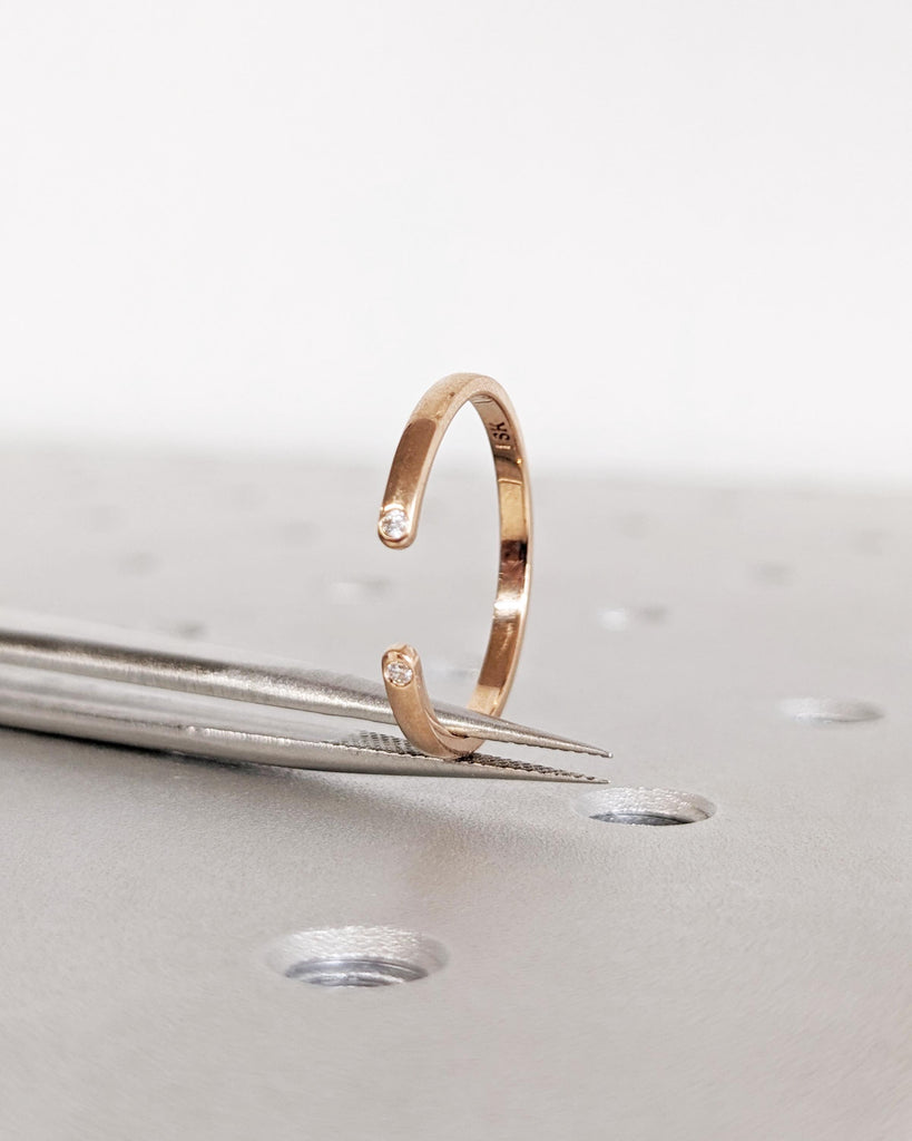 Double Diamond Wedding Band - Open Diamond Ring - Minimalist Stacking Ring - 14K Solid Yellow White Rose Gold - Simple Everyday Wedding Ring image #8