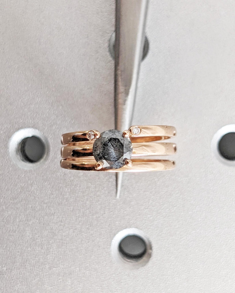Salt and Pepper Diamond Engagement Ring Set, Set of 3 Dainty Stacking Rings, Minimalist Wedding Ring Set, 14K Solid Rose Gold Promise Rings image #4