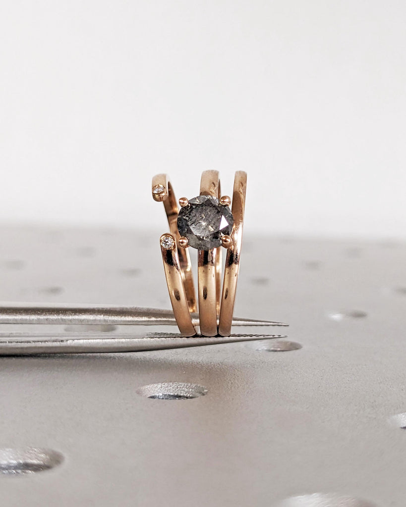 Salt and Pepper Diamond Engagement Ring Set, Set of 3 Dainty Stacking Rings, Minimalist Wedding Ring Set, 14K Solid Rose Gold Promise Rings image #6