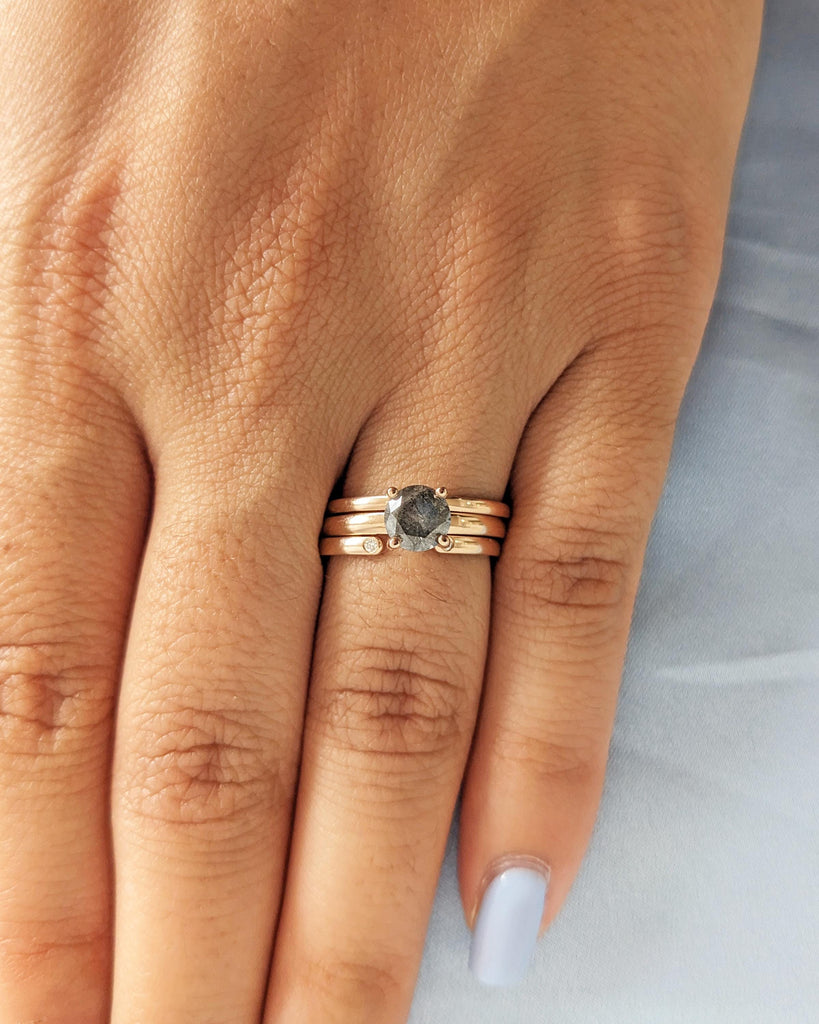 Salt and Pepper Diamond Engagement Ring Set, Set of 3 Dainty Stacking Rings, Minimalist Wedding Ring Set, 14K Solid Rose Gold Promise Rings image #2