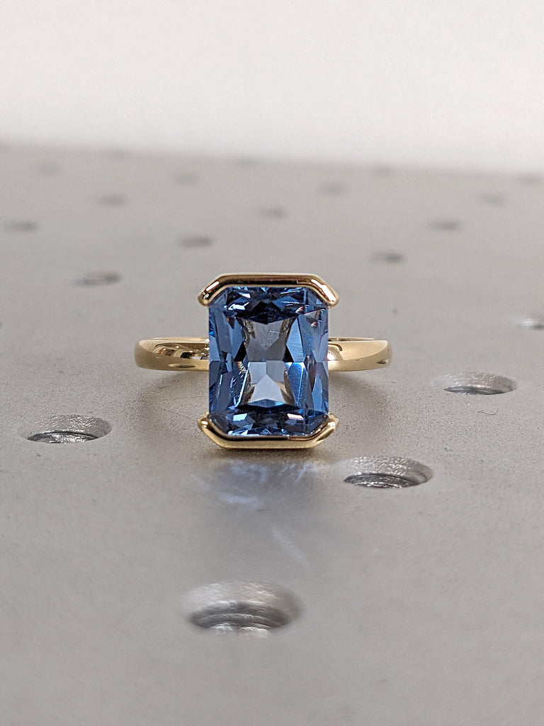 Aquamarine Gemstone Engagement Rings for Women | Radiant cut Solitaire Ring 18k Yellow Gold | Unique Floating Bezel Blue Stone Ring image #7