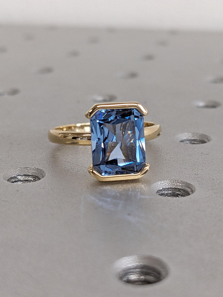 Aquamarine Gemstone Engagement Rings for Women | Radiant cut Solitaire Ring 18k Yellow Gold | Unique Floating Bezel Blue Stone Ring image #12