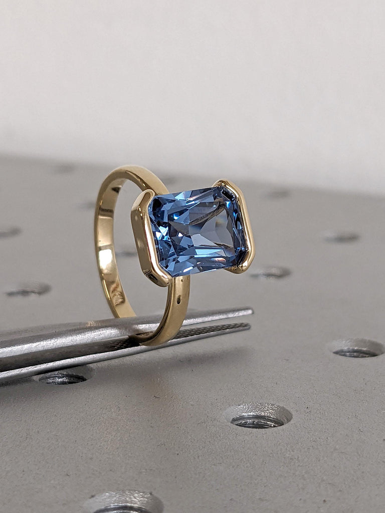 Aquamarine Gemstone Engagement Rings for Women | Radiant cut Solitaire Ring 18k Yellow Gold | Unique Floating Bezel Blue Stone Ring image #6
