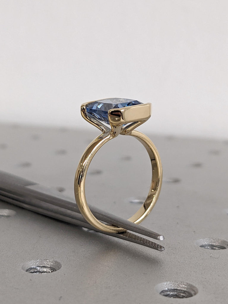 Aquamarine Gemstone Engagement Rings for Women | Radiant cut Solitaire Ring 18k Yellow Gold | Unique Floating Bezel Blue Stone Ring image #5