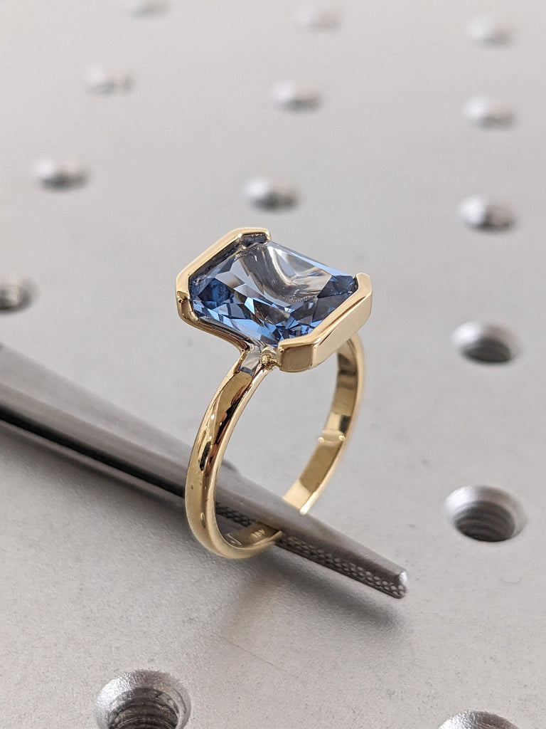 Aquamarine Gemstone Engagement Rings for Women | Radiant cut Solitaire Ring 18k Yellow Gold | Unique Floating Bezel Blue Stone Ring image #4