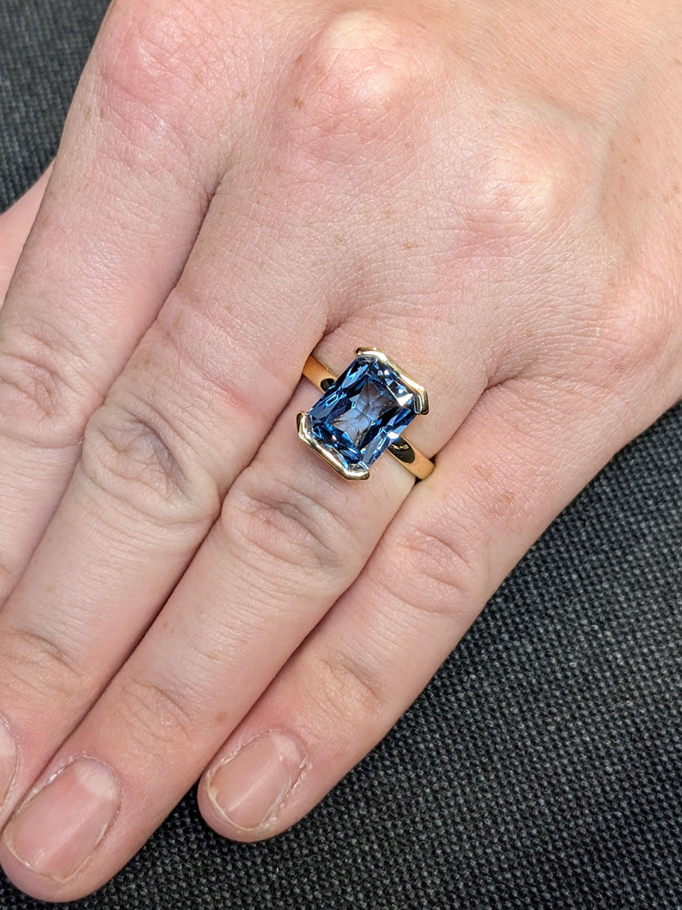 Aquamarine Gemstone Engagement Rings for Women | Radiant cut Solitaire Ring 18k Yellow Gold | Unique Floating Bezel Blue Stone Ring image #2