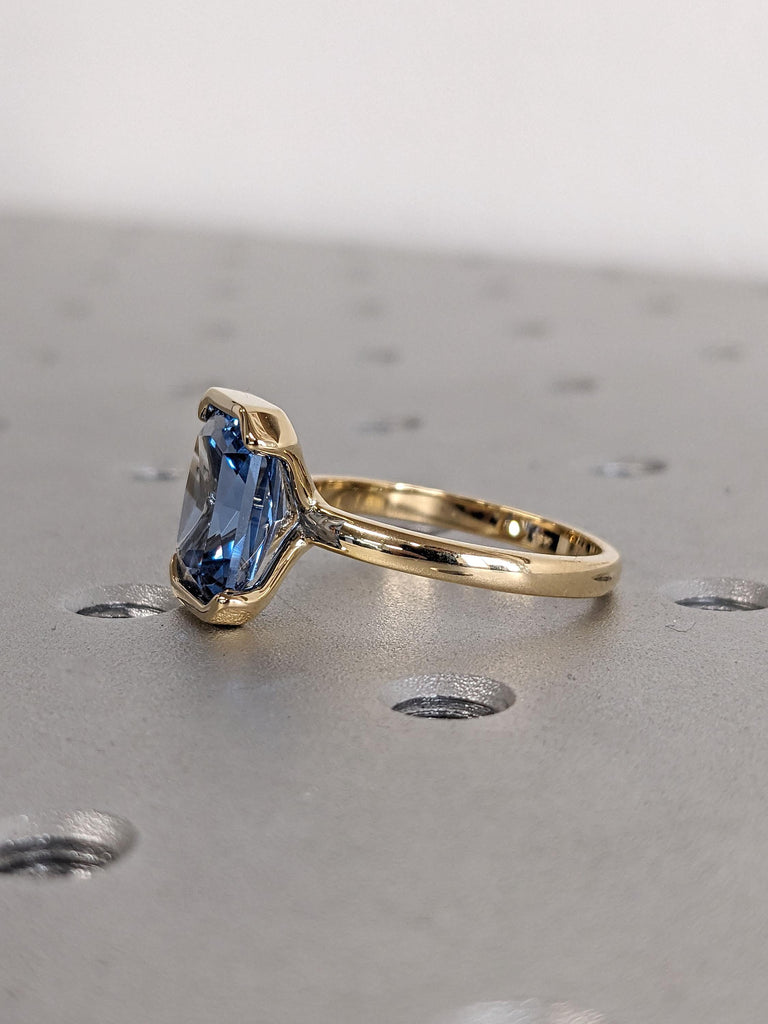 Aquamarine Gemstone Engagement Rings for Women | Radiant cut Solitaire Ring 18k Yellow Gold | Unique Floating Bezel Blue Stone Ring image #9