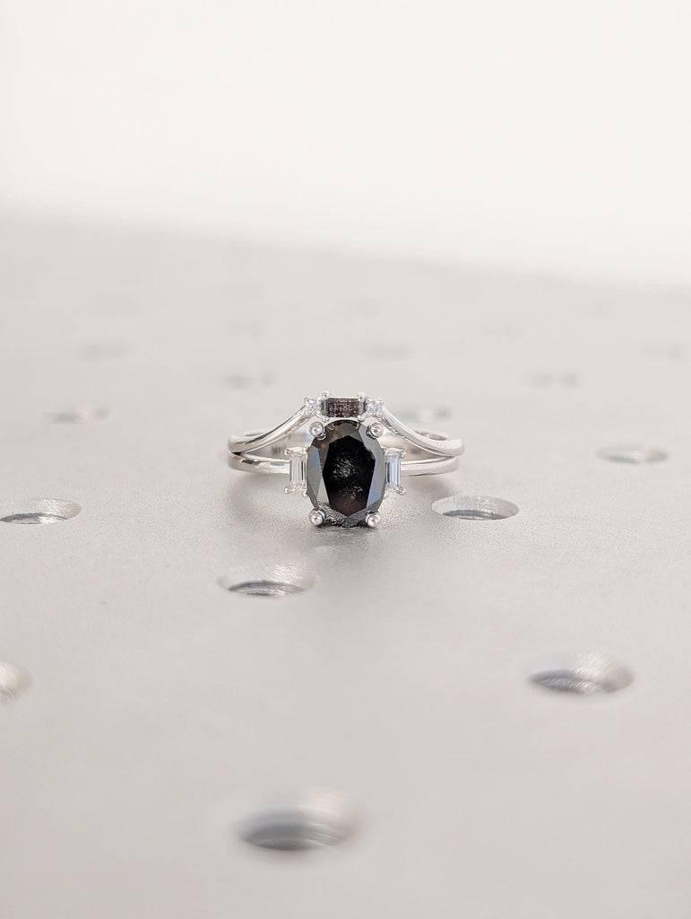 Oval Salt and Pepper Diamond Engagement Ring Set with Round & Baguette Diamonds image #10