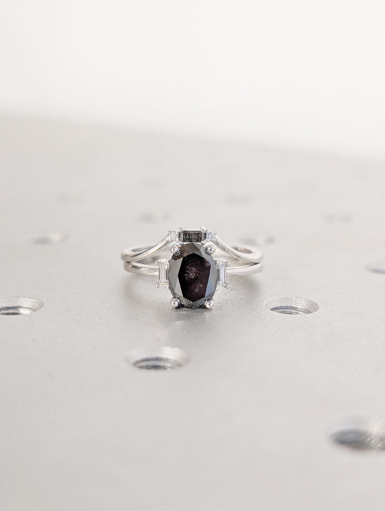 Oval Salt and Pepper Diamond Engagement Ring Set with Round & Baguette Diamonds image #14