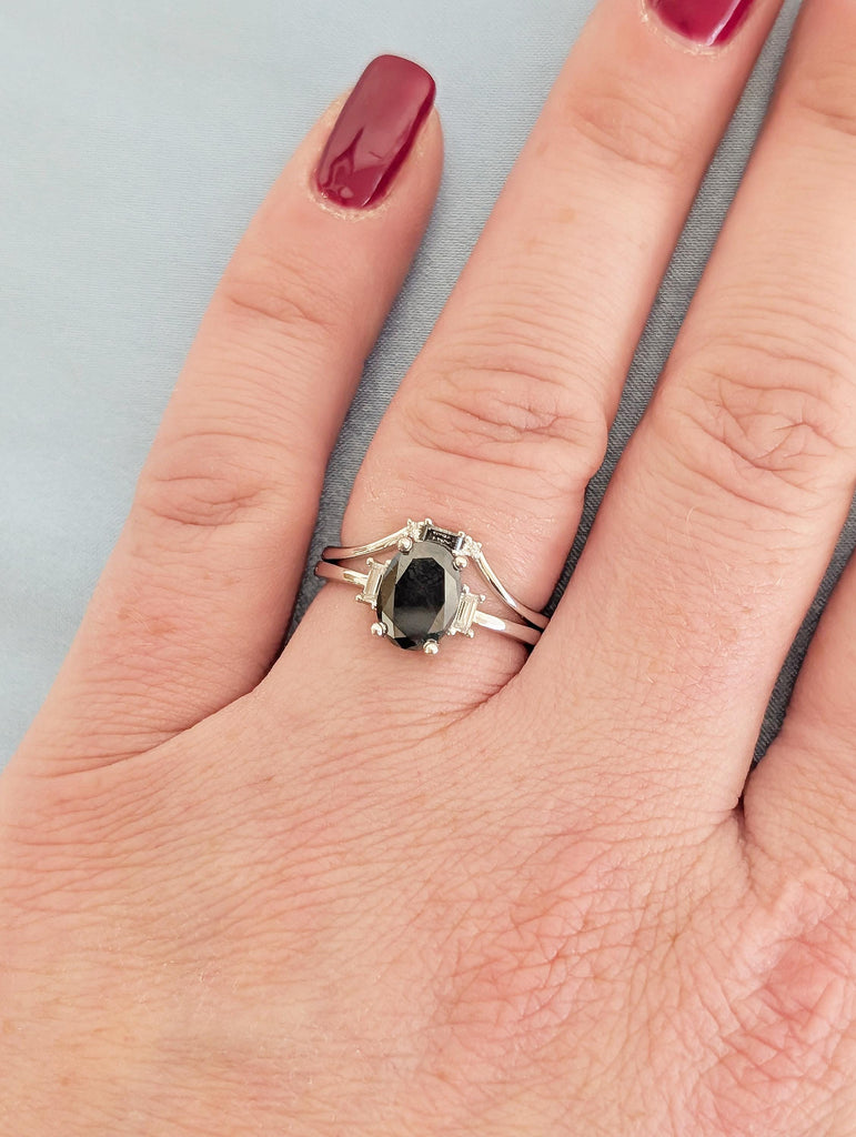 Oval Salt and Pepper Diamond Engagement Ring Set with Round & Baguette Diamonds image #13
