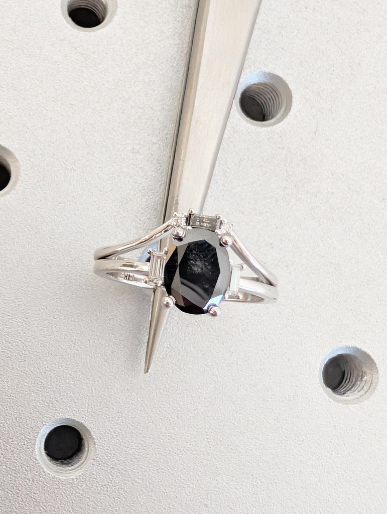Oval Salt and Pepper Diamond Engagement Ring Set with Round & Baguette Diamonds image #12