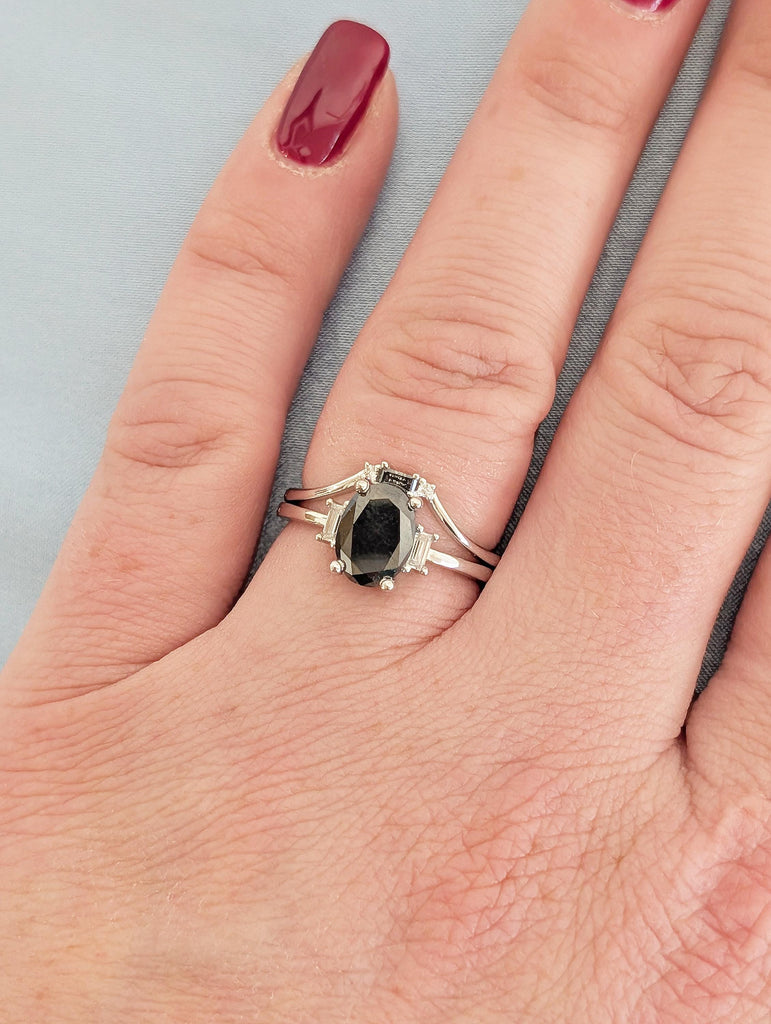 14k Gold Wedding Ring Set Women, Dainty Engagement Ring, Oval Salt and Pepper Diamond Ring with Baguette Moissanite, Art Deco Promise Rings image #2