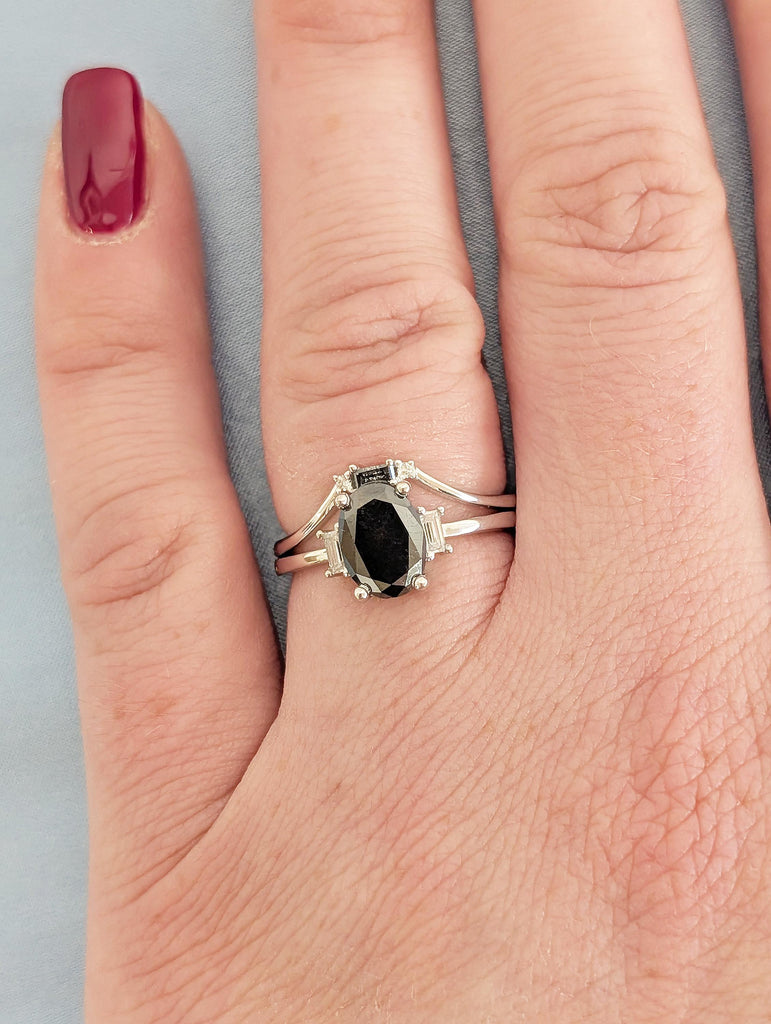Oval Salt and Pepper Diamond Engagement Ring Set with Round & Baguette Diamonds image #1