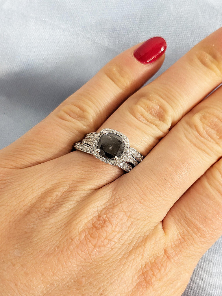 Natural Diamond Ring Set, Halo Salt and Pepper Vintage Engagement Ring, Bridal Jewelry image #5