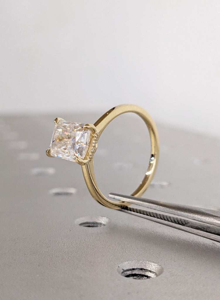 Dainty Moissanite Engagement Ring in 14K Yellow Gold Radiant Cut Art Deco Promise Anniversary Ring For Her Hidden Halo Moissanite Gold Ring image #9