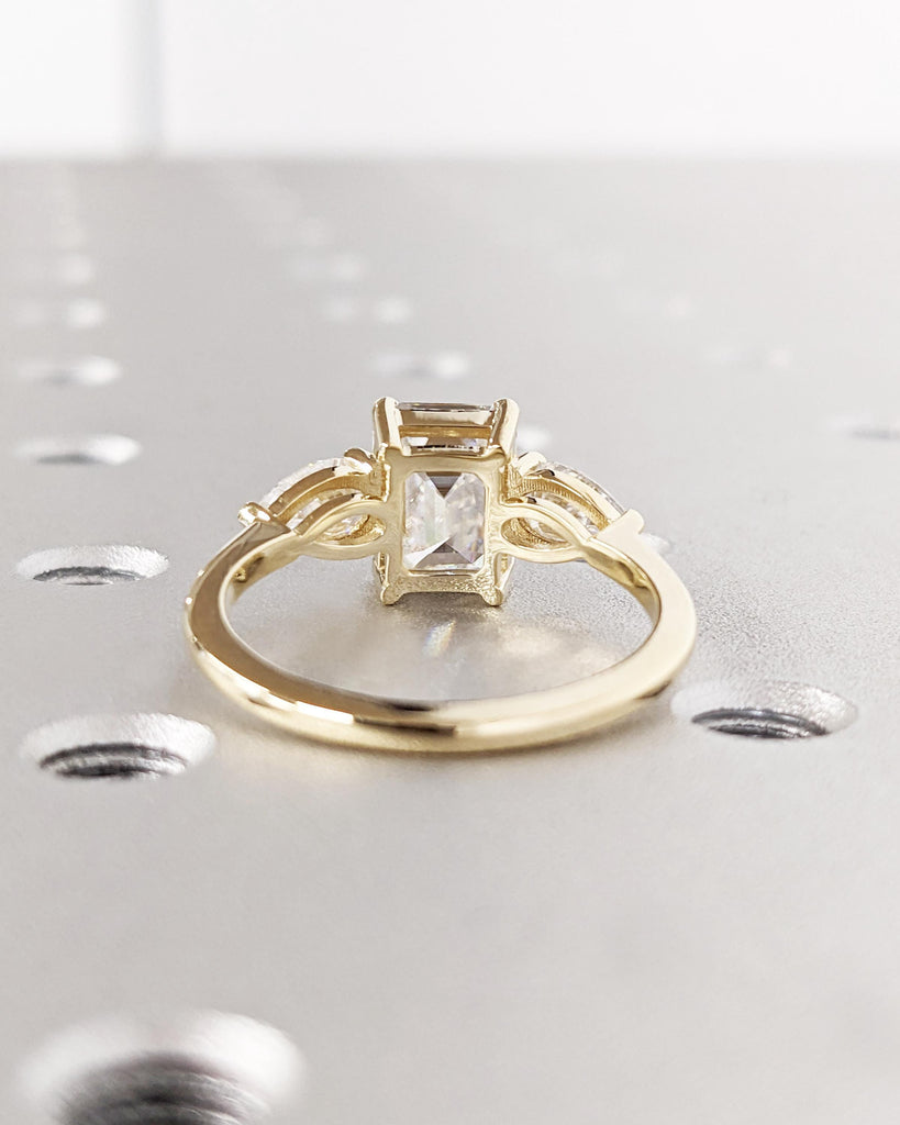 Emerald Cut Lab Grown Diamond Ring, Three Stone Diamond Engagement Ring, Emerald and Pear Cut, IGI Certified, 14K Gold Vintage Wedding Ring image #8