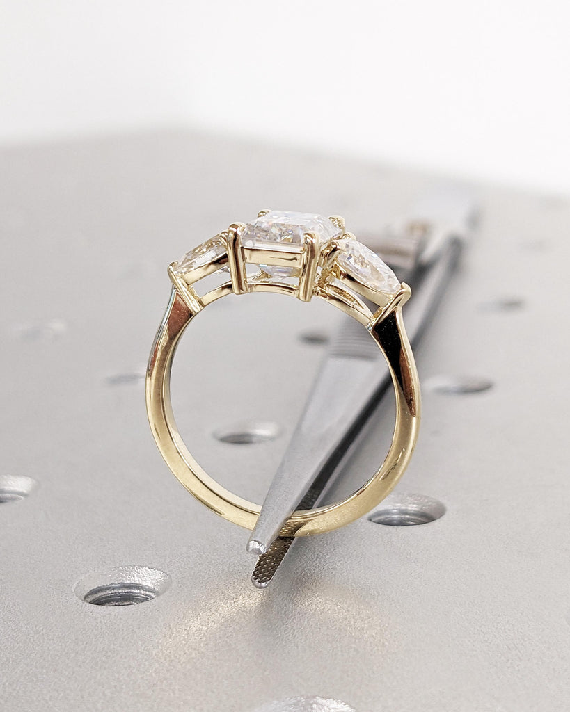 Emerald Cut Lab Grown Diamond Ring, Three Stone Engagement Ring, 14K Solid Yellow Gold image #8