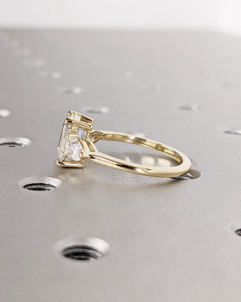 Emerald Cut Lab Grown Diamond Ring, Three Stone Engagement Ring, 14K Solid Yellow Gold image #6
