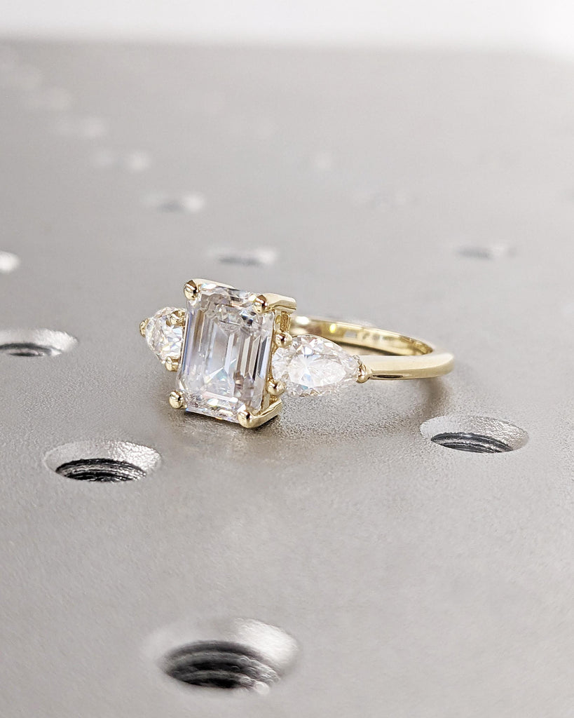 Emerald Cut Moissanite Ring, Emerald & Pear Three Stone Engagement Ring, 14K Solid Yellow Gold image #7