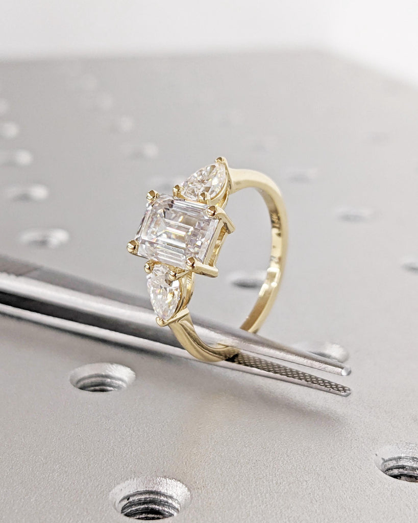 Three Stone Emerald Cut Moissanite Engagement Ring, Emerald Cut and Pear Cut Lab Grown Diamond or Moissanite, 14K Gold Vintage Wedding Ring image #7