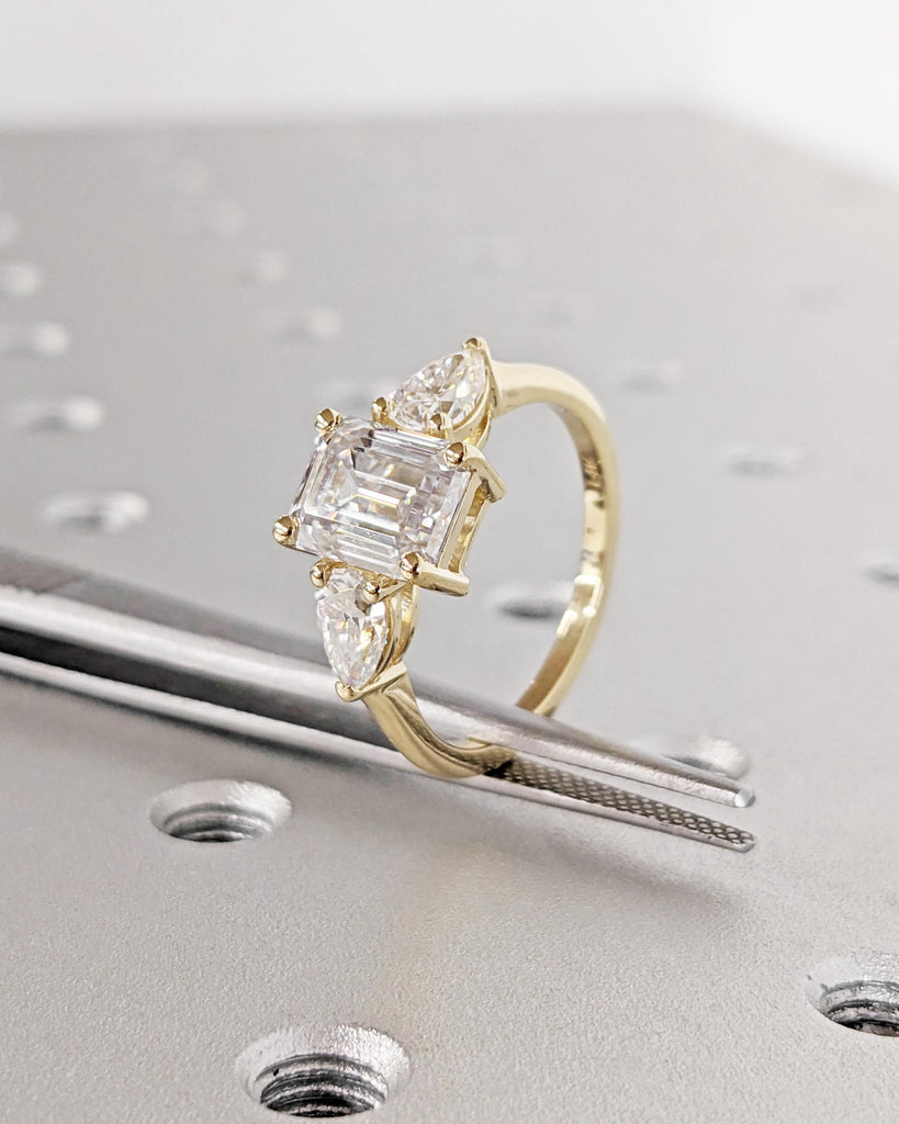Emerald Cut Moissanite Ring, Emerald & Pear Three Stone Engagement Ring, 14K Solid Yellow Gold image #3