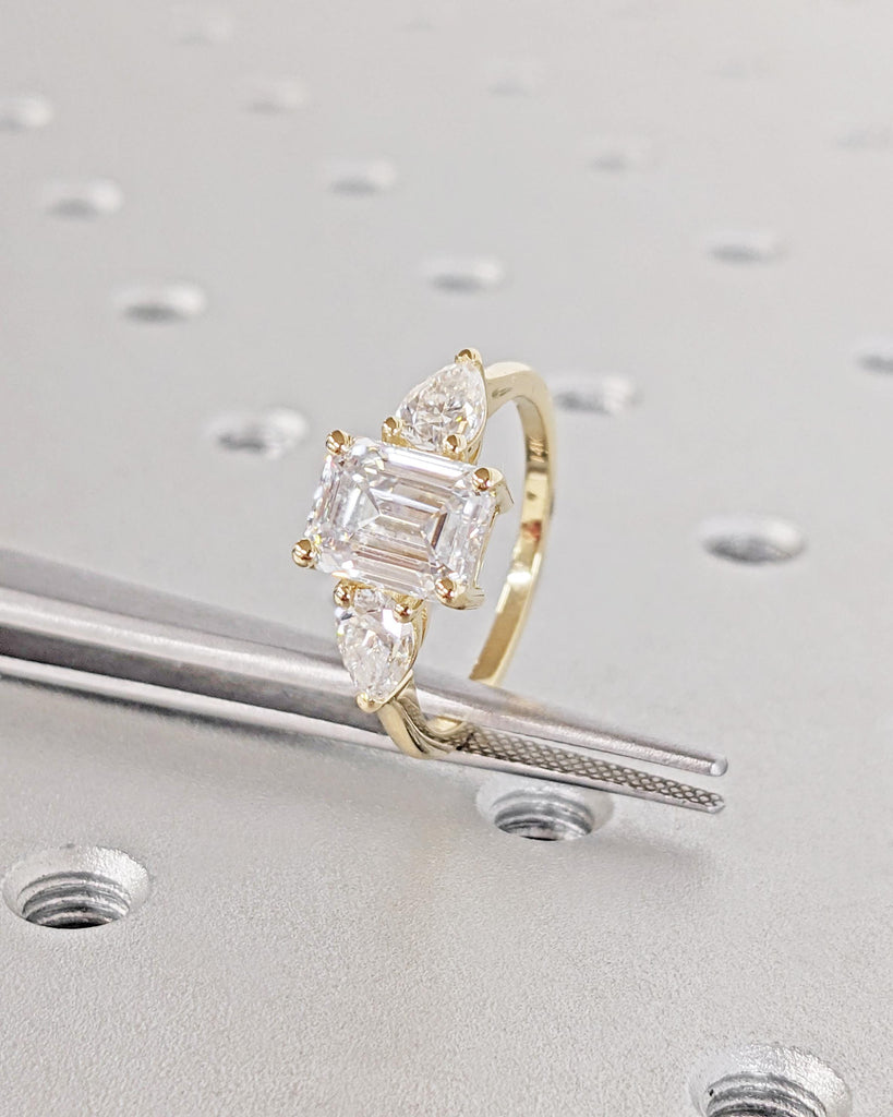 Three Stone Emerald Cut Moissanite Engagement Ring, Emerald Cut and Pear Cut Lab Grown Diamond or Moissanite, 14K Gold Vintage Wedding Ring image #8