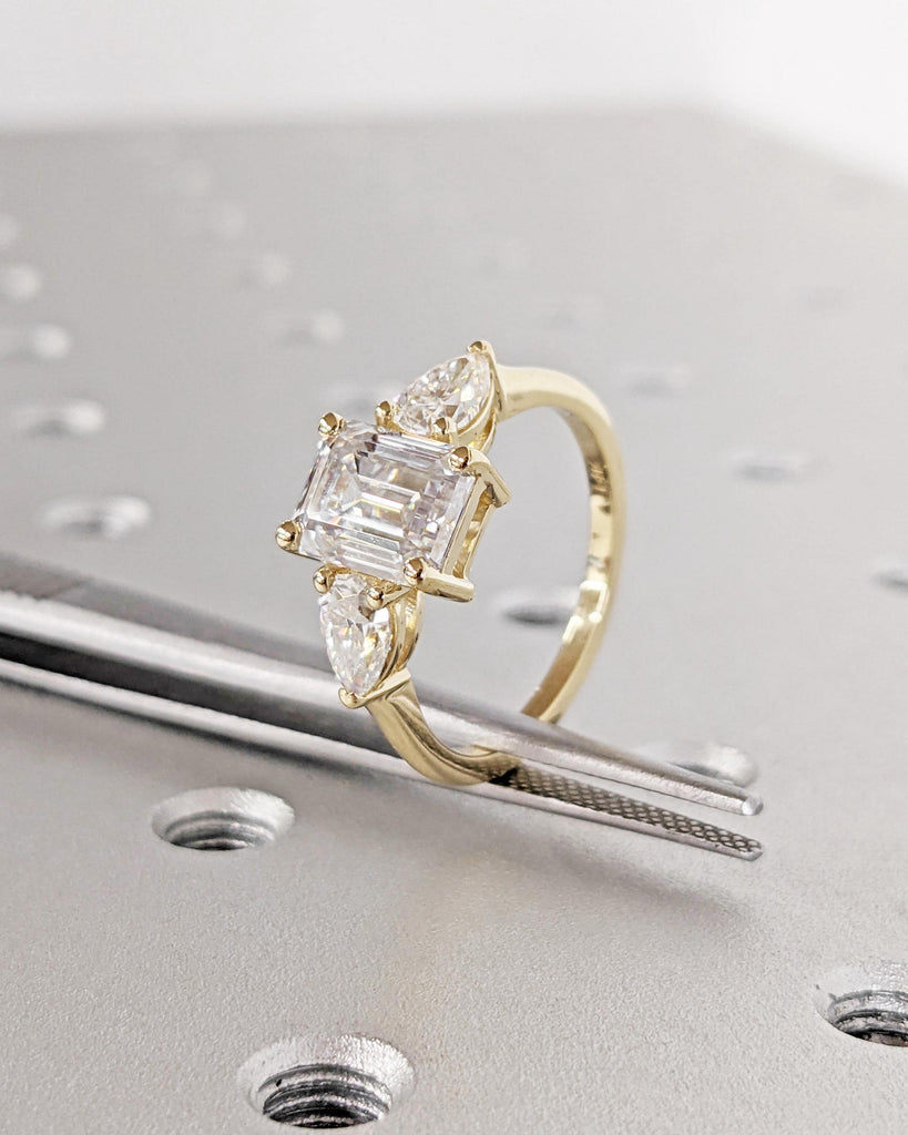 Emerald Cut Lab Grown Diamond Ring, Three Stone Engagement Ring, 14K Solid Yellow Gold image #4