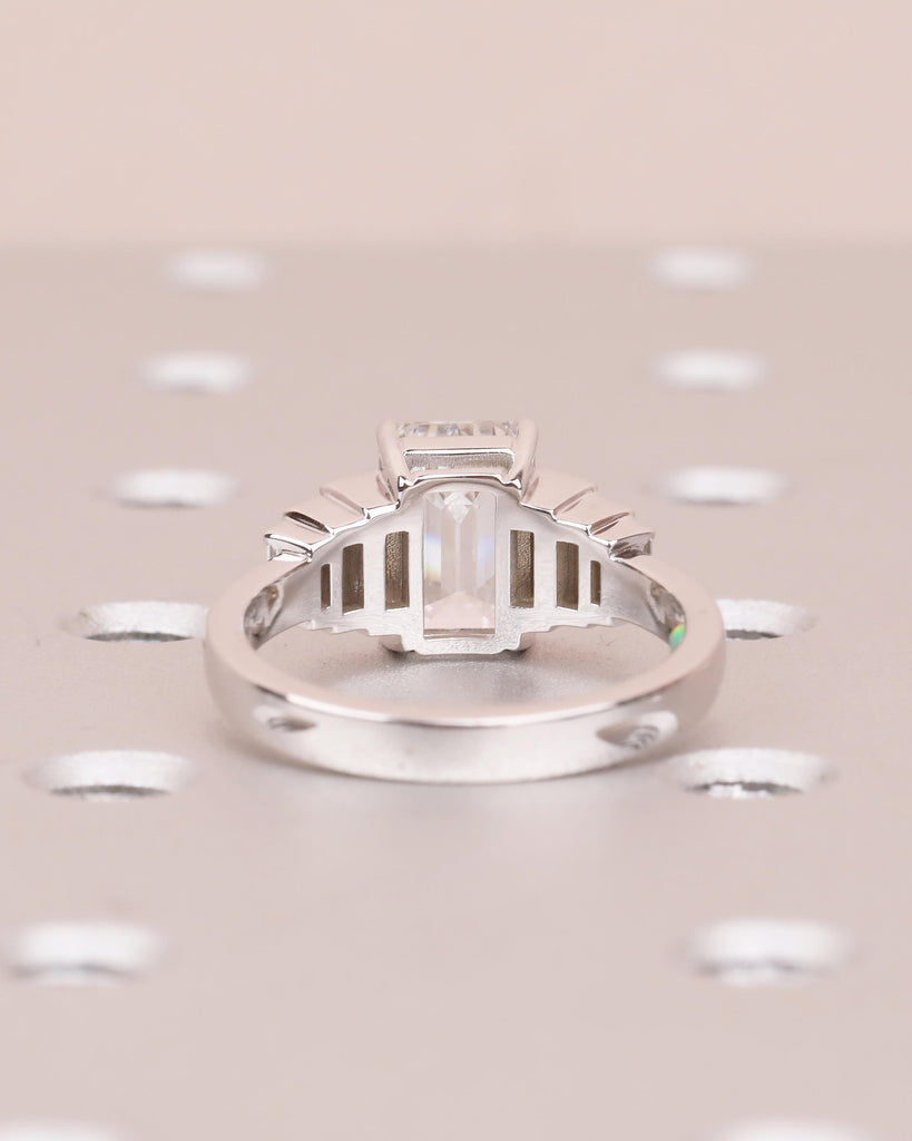 14k Gold Emerald Cut Moissanite Engagement Ring with Baguette Side Stones, Hidden Opal image #9