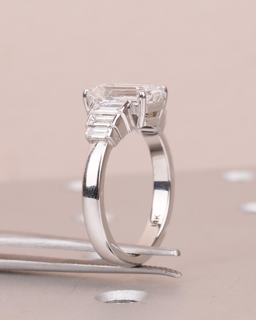 14k Gold Emerald Cut Moissanite Engagement Ring with Baguette Side Stones, Hidden Opal image #7