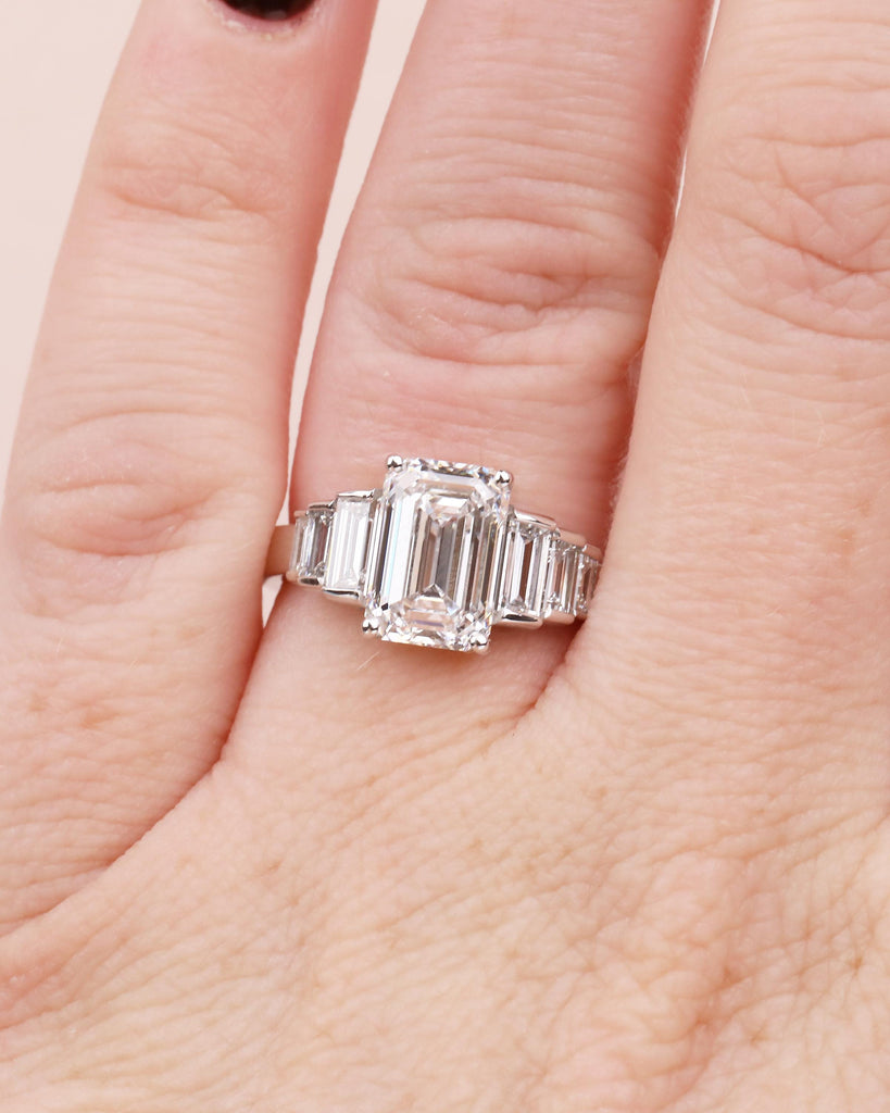 14k Gold Emerald Cut Moissanite Engagement Ring with Baguette Side Stones, Hidden Opal image #16