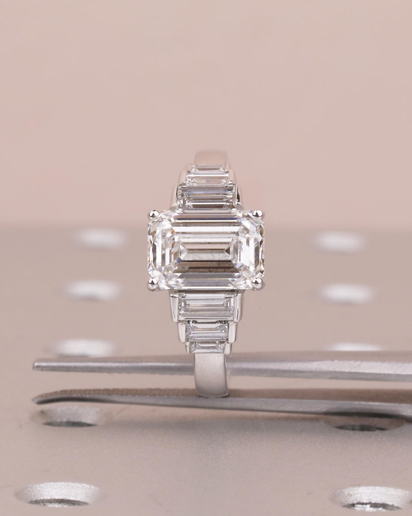 14k Gold Emerald Cut Moissanite Engagement Ring with Baguette Side Stones, Hidden Opal image #12