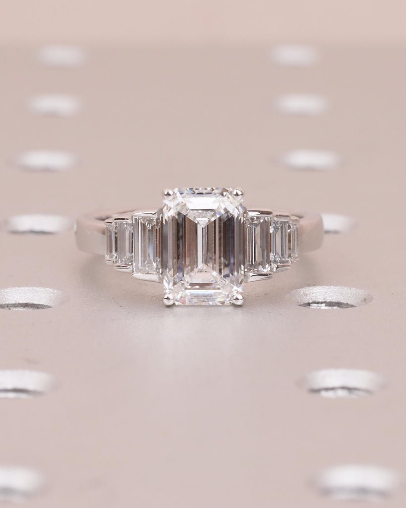 14k Gold Emerald Cut Moissanite Engagement Ring with Baguette Side Stones, Hidden Opal image #2