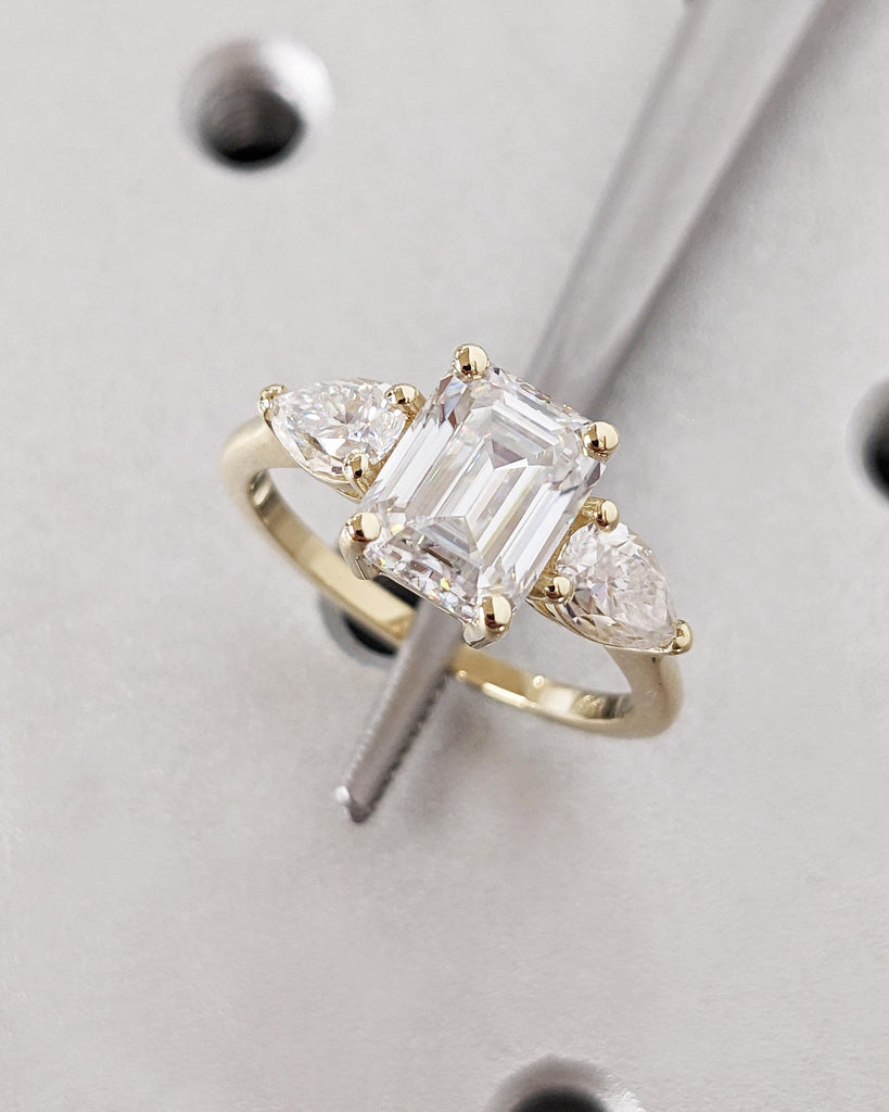 Three Stone Emerald Cut Moissanite Engagement Ring, Emerald Cut and Pear Cut Lab Grown Diamond or Moissanite, 14K Gold Vintage Wedding Ring