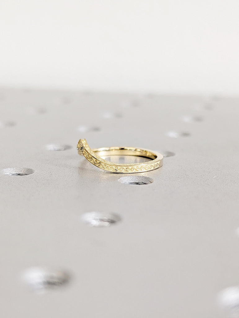 14k Gold Filigree Curved Wedding Band, Pave Aquamarine Gemstone image #4