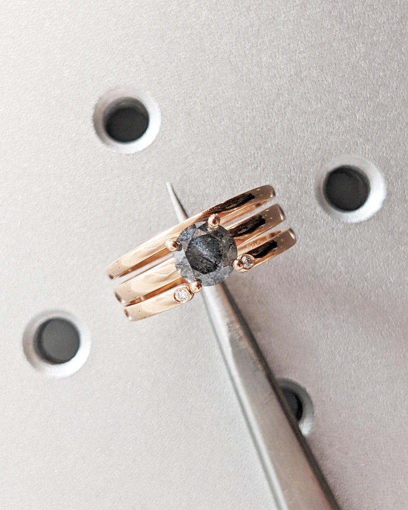Salt and Pepper Diamond Engagement Ring Set, Set of 3 Dainty Stacking Rings, Minimalist Wedding Ring Set, 14K Solid Rose Gold Promise Rings image #3
