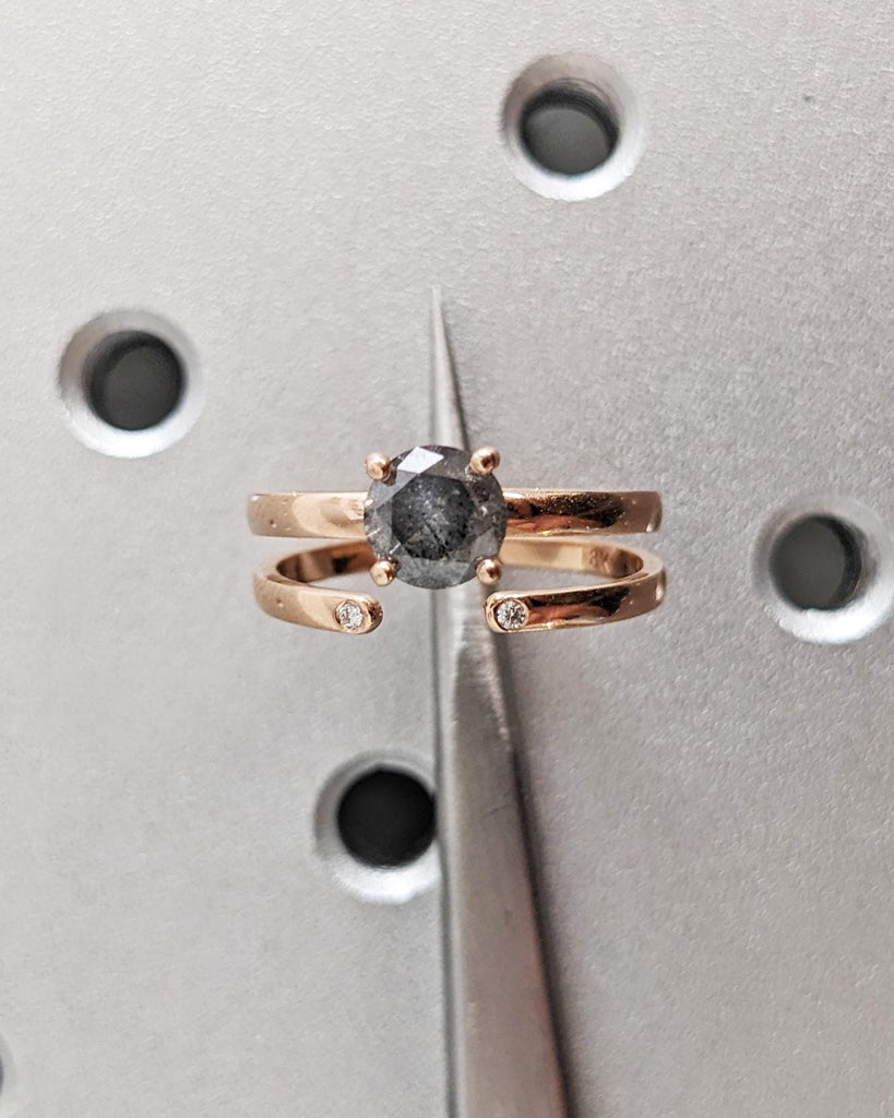 Natural Salt and Pepper Diamond Engagement Ring Set, Solid Rose Gold Dainty Wedding Ring Set, Minimalist Bridal Ring Set, Stacking Ring Set image #3