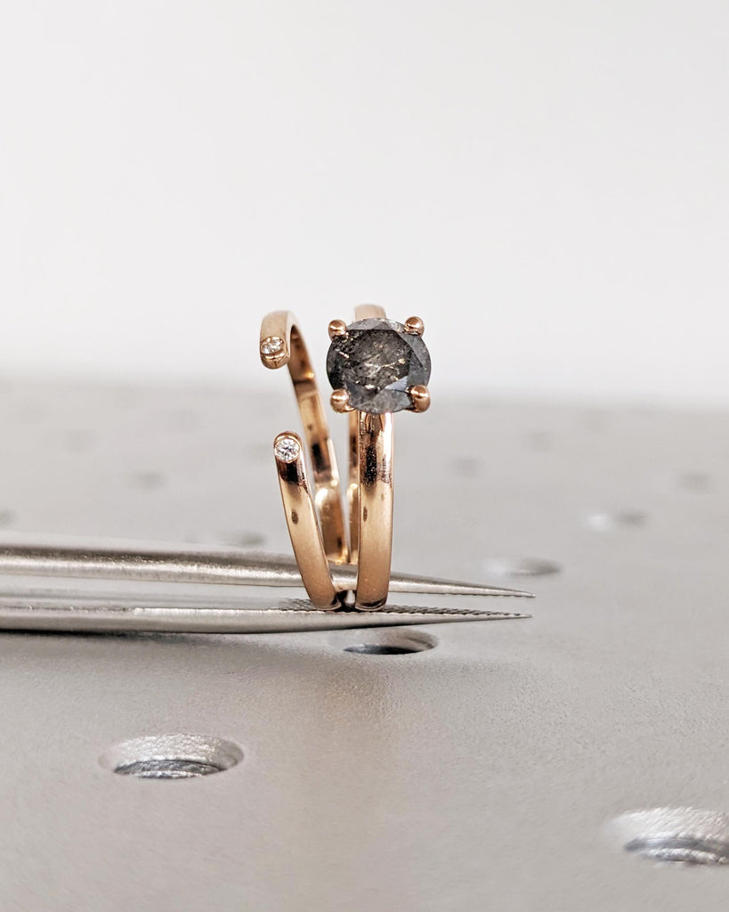 Natural Salt and Pepper Diamond Engagement Ring Set, Solid Rose Gold Dainty Wedding Ring Set, Minimalist Bridal Ring Set, Stacking Ring Set image #5