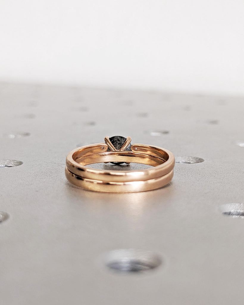 Natural Salt and Pepper Diamond Engagement Ring Set, Solid Rose Gold Dainty Wedding Ring Set, Minimalist Bridal Ring Set, Stacking Ring Set image #8