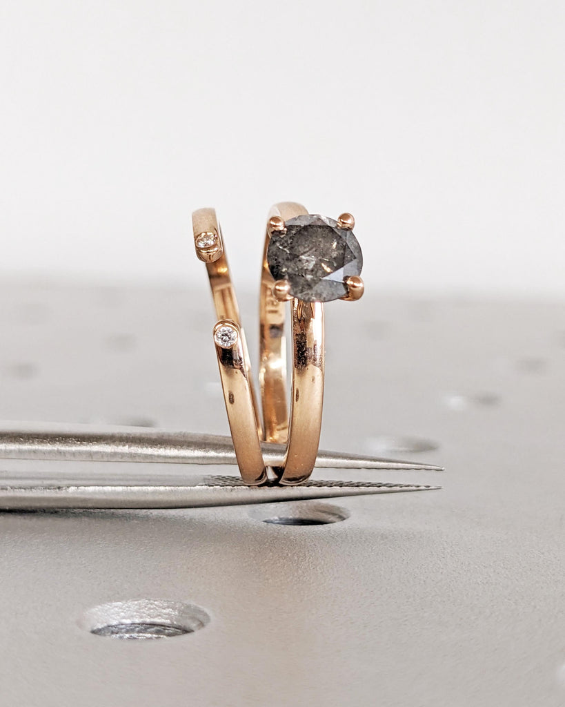 Natural Salt and Pepper Diamond Engagement Ring Set, Solid Rose Gold Dainty Wedding Ring Set, Minimalist Bridal Ring Set, Stacking Ring Set image #6