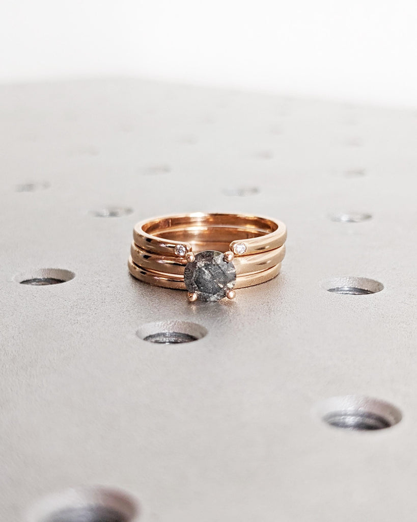 Salt and Pepper Diamond Engagement Ring Set, Set of 3 Dainty Stacking Rings, Minimalist Wedding Ring Set, 14K Solid Rose Gold Promise Rings