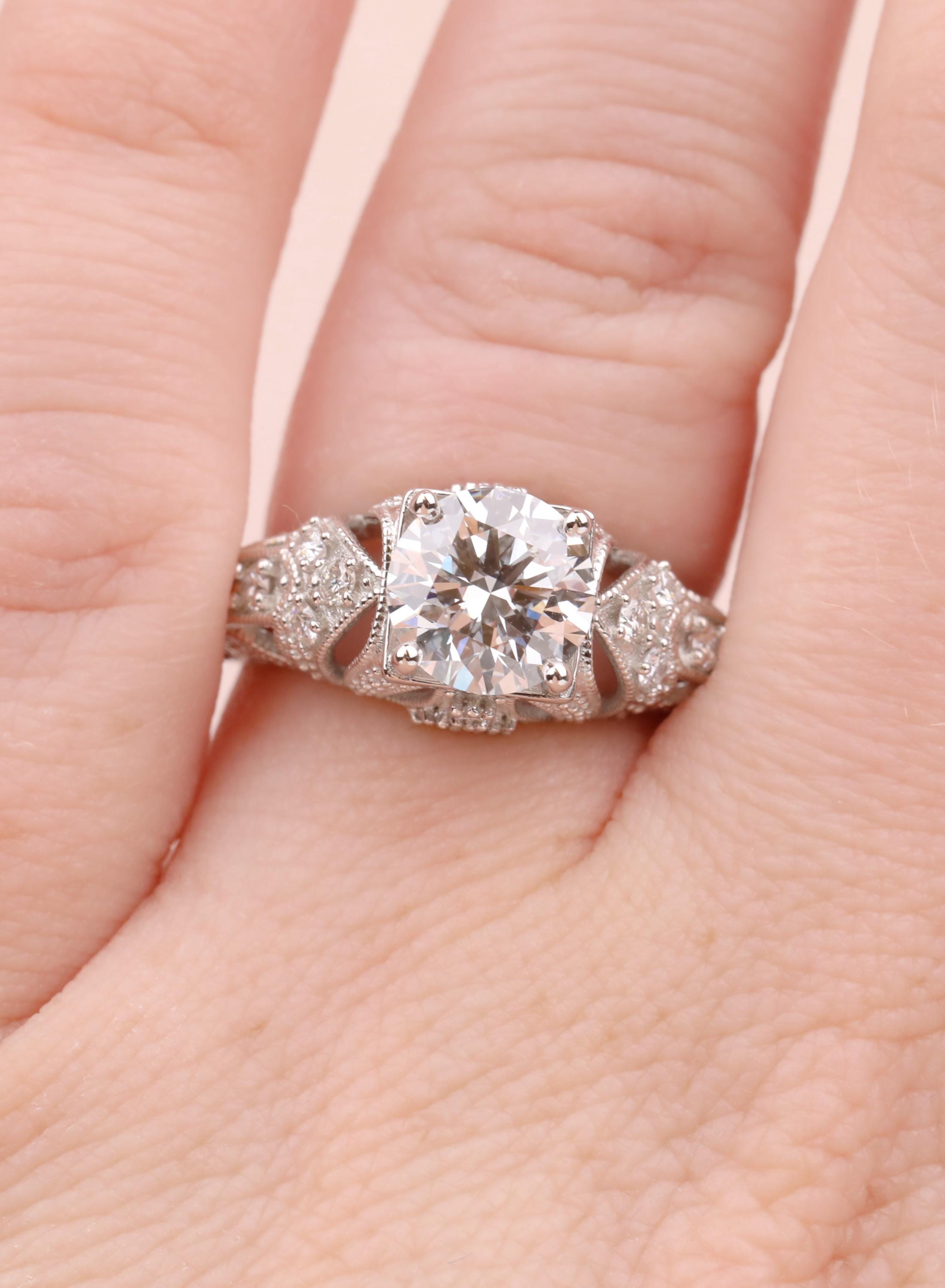 Labrine Engagement Rings Lab Diamond Engagement Ring - Hand Engraved Milgrain Wedding Band - Vi ...