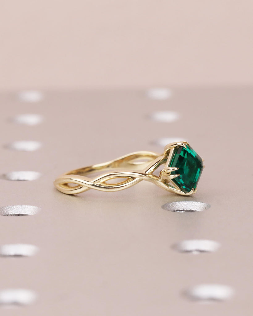 Asscher Cut Emerald Engagement Ring | Twisted Braided Band Ring | 14K Yellow Gold Emerald Ring with Double Claw Prongs | May Birthstone Ring image #7